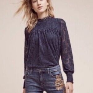 Anthropologie Deletta Floral Mock Neck Crinkle Top Size XS